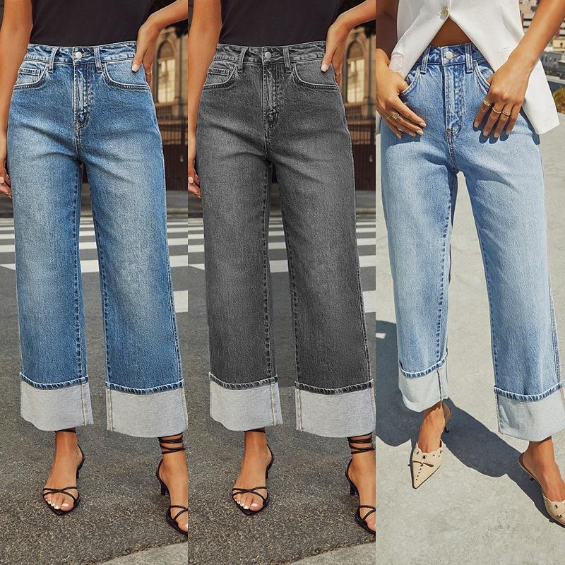 Women's High Waisted Straight Leg Jeans Wide Cuffed Hem Stretch Denim Pants Retro Streetwear Trousers Long Jeans