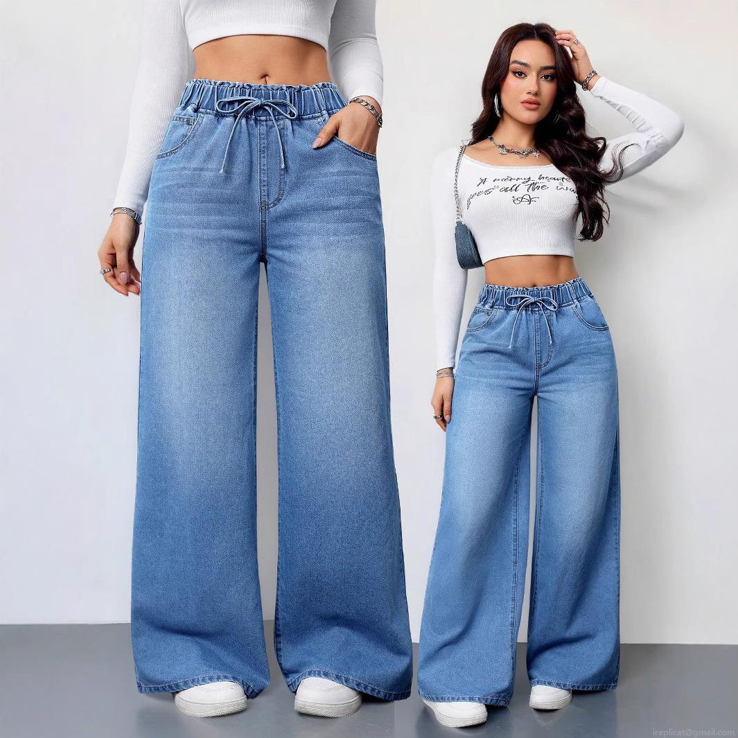 Women's High Waist Wide Leg Jeans Washed Denim Loose Fit Drawstring Elastic Waist Casual Long Trousers For Women Relaxed Style Denim Pants