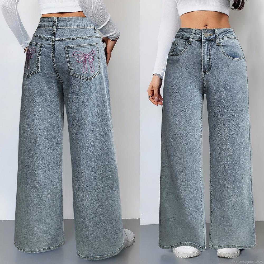 Women's High Waist Wide Leg Jeans Pink Bow Embroidery Washed Denim Pants Loose Streetwear Retro American Fashion Straight Leg Trousers