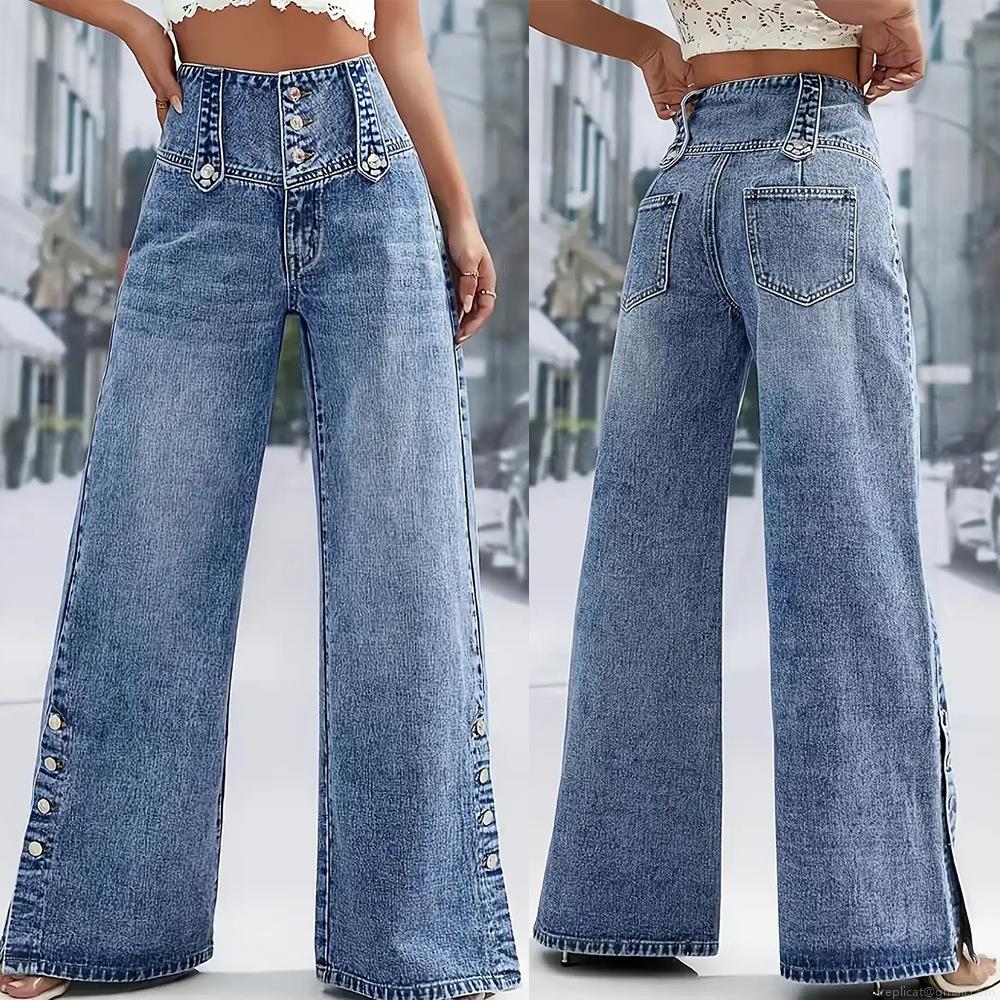 Women's High Waist Wide Leg Denim Jeans Vintage Washed Side Slit Button Hem Long Pants Casual Streetwear Cotton Blend Trousers