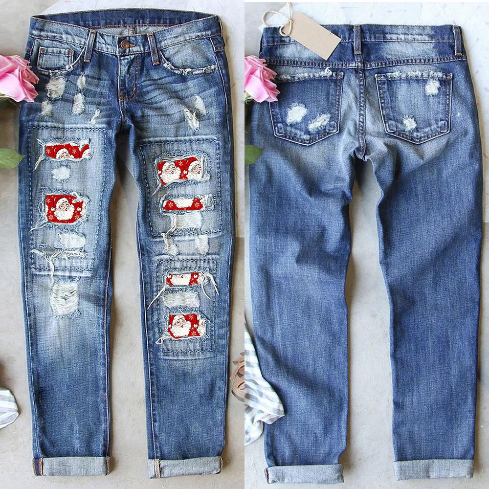 Women's Ripped Straight Leg Jeans Washed Denim Cotton Pants With Santa Claus Patch Distressed Christmas Holiday Party Trousers For Women