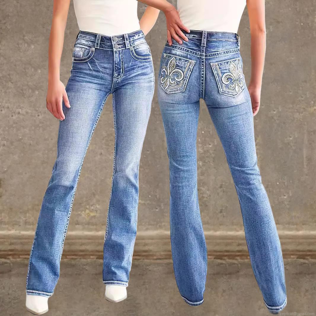 Women's High Waist Slim Flare Jeans Washed Denim With Fleur-de-lis Embroidery Double Button Closure Stretch Long Pants Western Streetwear Style For Women