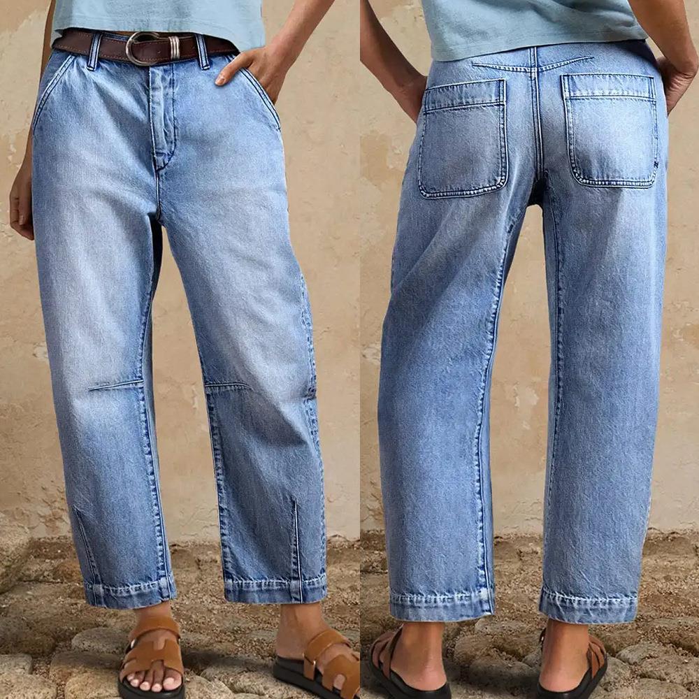 Women's High Waisted Wide Leg Jeans Washed Denim Cotton Blend Cropped Straight Leg Pants With Slit Hem Casual Streetwear For Ladies