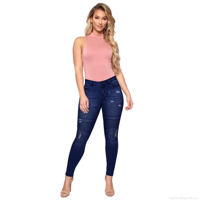 Women's Ripped Skinny Jeans Distressed Moto Pleated Denim Pants High Stretch Cotton Blend Hip Lifting Slim Fit Trousers For Streetwear