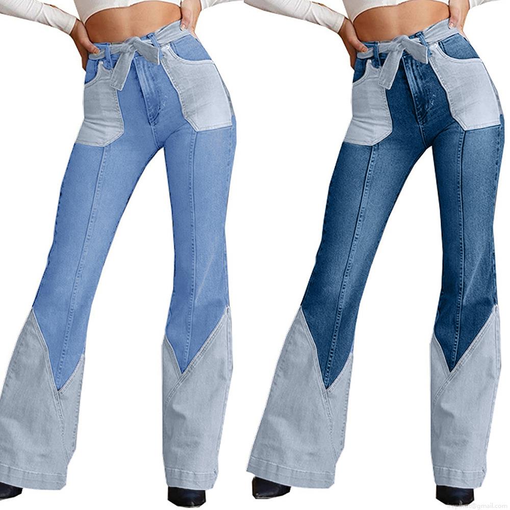 Women's High Waisted Patchwork Flare Jeans Cotton Blend Color Block Denim Bell Bottom Pants With Tie Belt