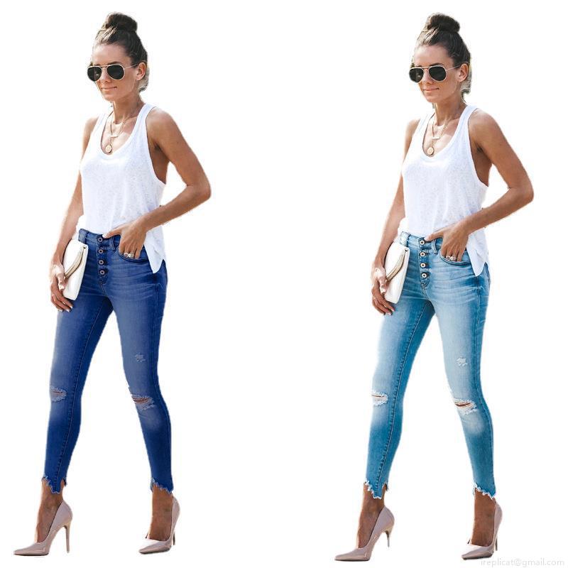 Women's High Waisted Button Fly Ripped Skinny Jeans Distressed Slim Fit Denim Pants With Raw Hem For Fashion Streetwear