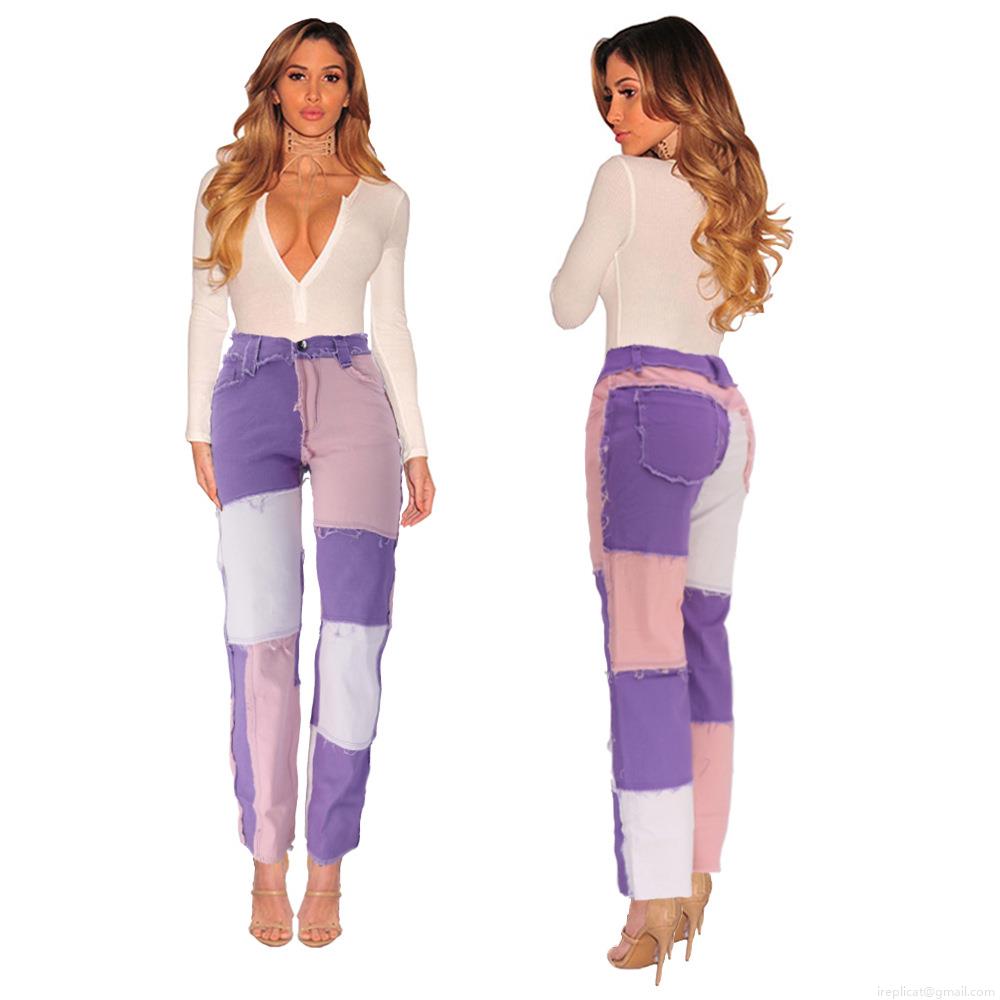 Women's Patchwork High Waist Jeans Distressed Color Block Straight Leg Denim Pants Cotton Blend Frayed Edge Trousers Streetwear Casual Multi Color Jean