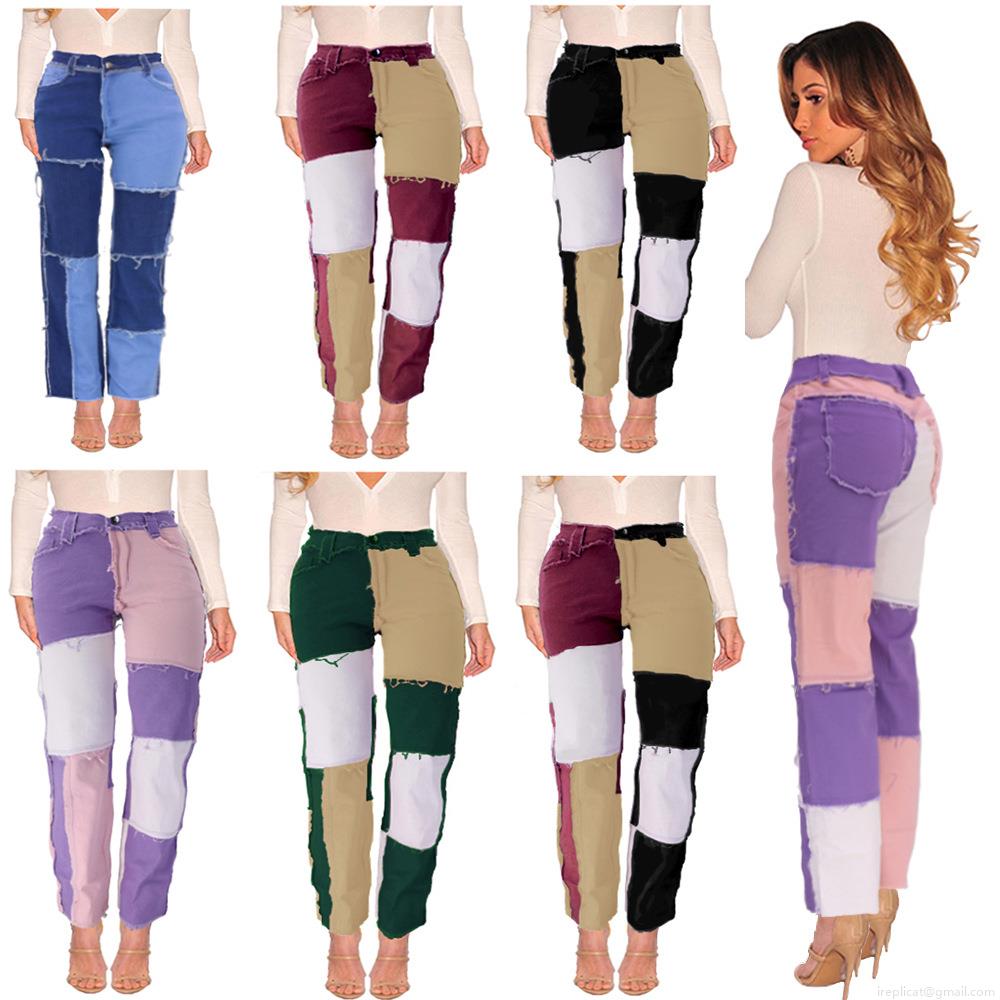 Women's High Waist Patchwork Denim Jeans Stretch Straight Leg Color Block Distressed Raw Hem Streetwear Denim Pants Women Casual Party Fashion Trendy Bottoms