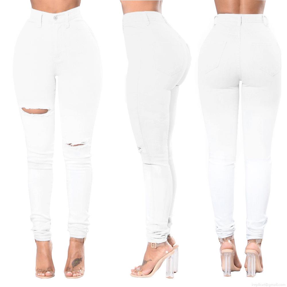 Women's White Distressed Skinny Jeans High Waisted Ripped Denim Pants Stretchy Slim Fit Cotton Blend Pencil Trousers Streetwear Casual Daily Wearing