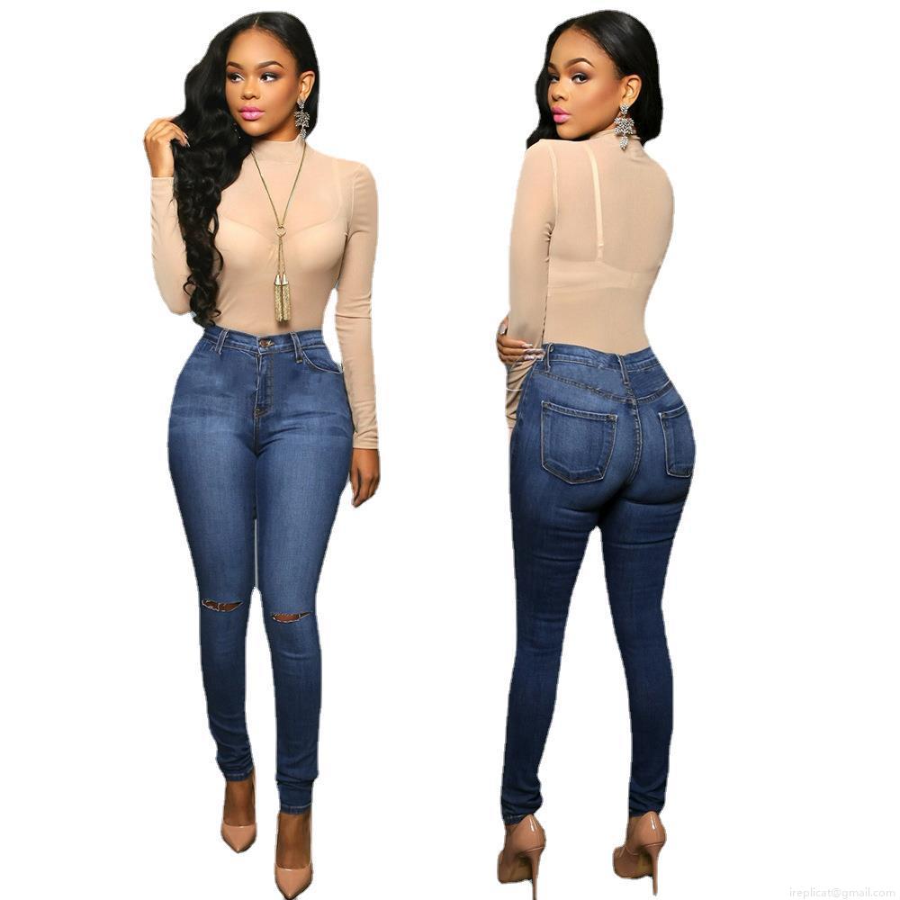 Women's High Waist Ripped Skinny Jeans Stretchy Distressed Denim Pencil Pants With Knee Holes Slim Fit Cotton Blend Long Trousers Casual Streetwear