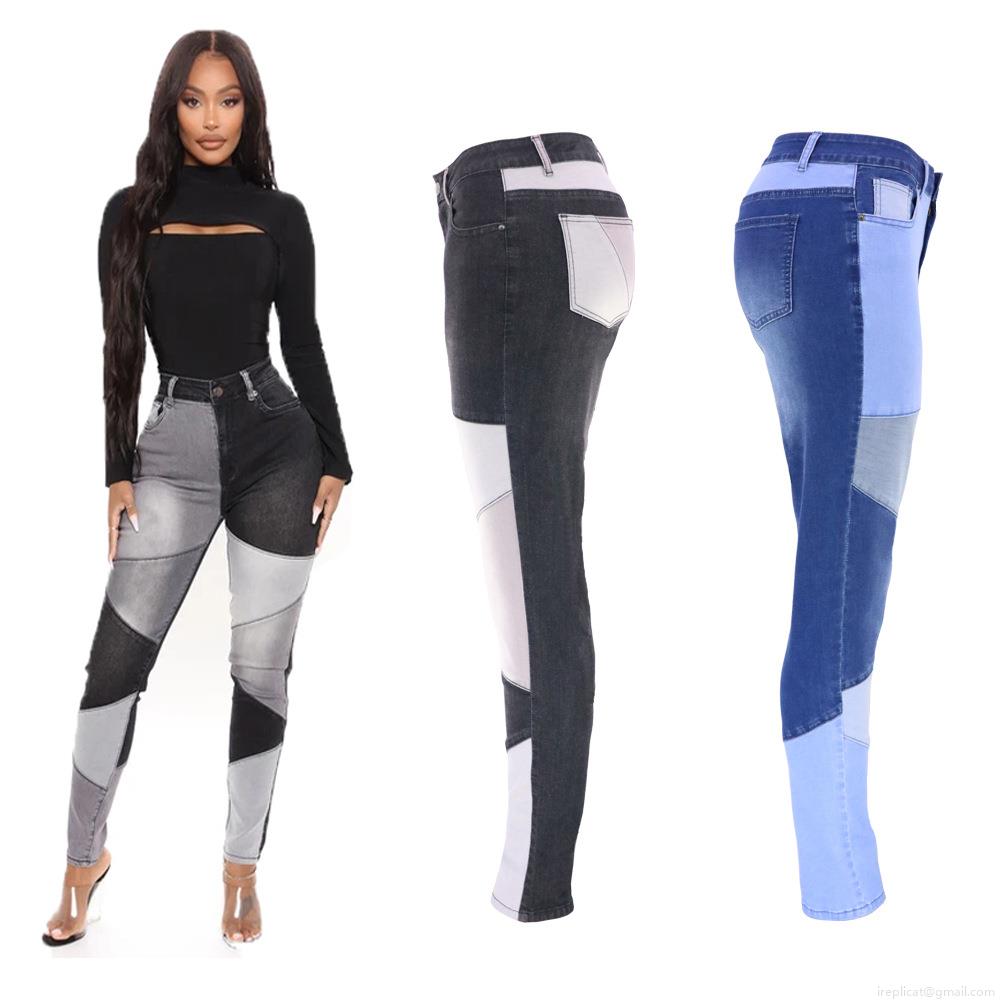 Women's High Waist Patchwork Skinny Jeans Slim Fit High Stretch Color Block Denim Trousers Shaping Streetwear Trousers Cotton Blend Pants