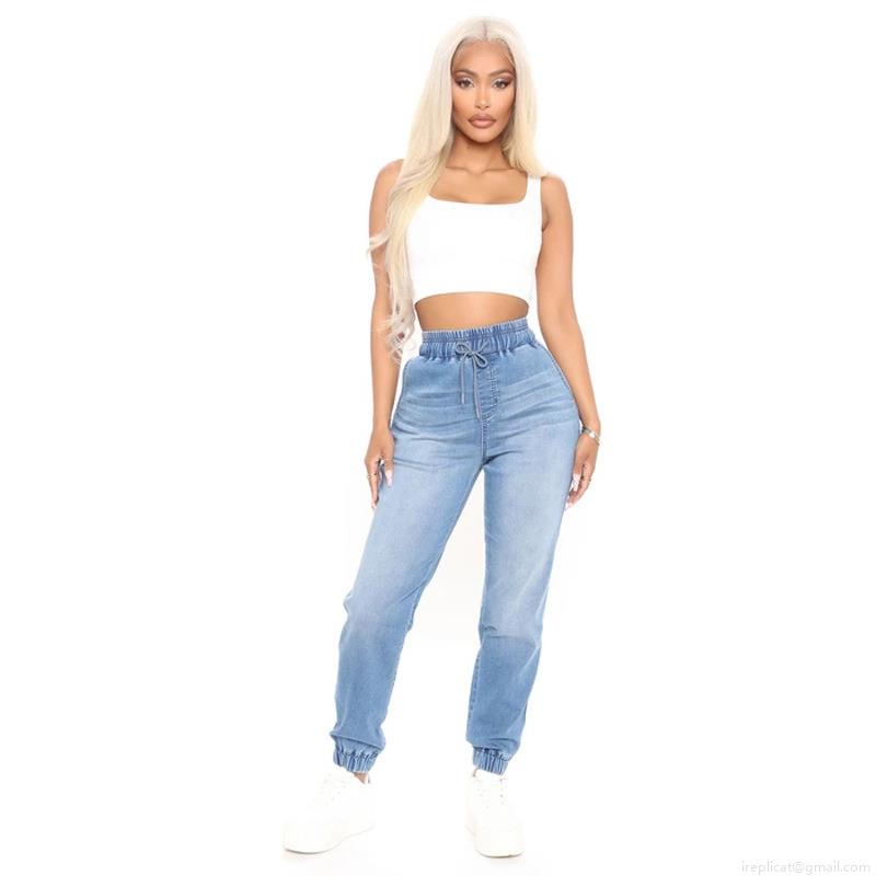 Women's High Waist Denim Jogger Jeans Cotton Blend Stretch Elastic Waist Drawstring Tapered Pants with Pockets Casual Streetwear Denim Joggers