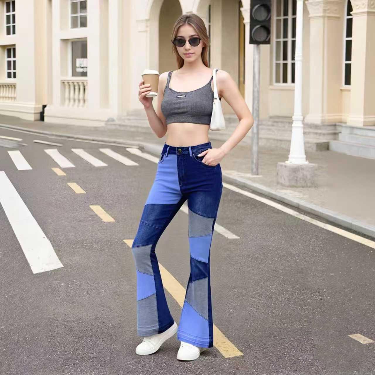Women's Patchwork High Waist Flare Jeans Cotton Rayon Polyester Spandex Blend High Stretch Bell Bottom Denim Pants For Street Casual Commute Retro Slimming Leg Lengthening Trousers
