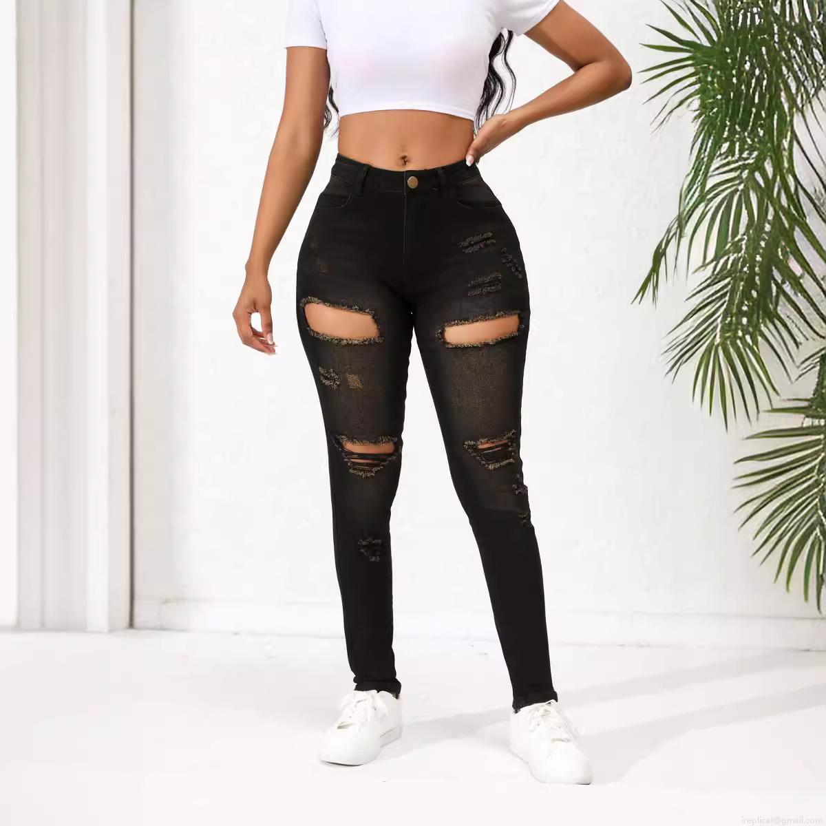 Women's High Elastic Ripped Skinny Jeans Cotton Blend Distressed Frayed Hem Denim Pencil Pants Sexy Streetwear Trousers For Women