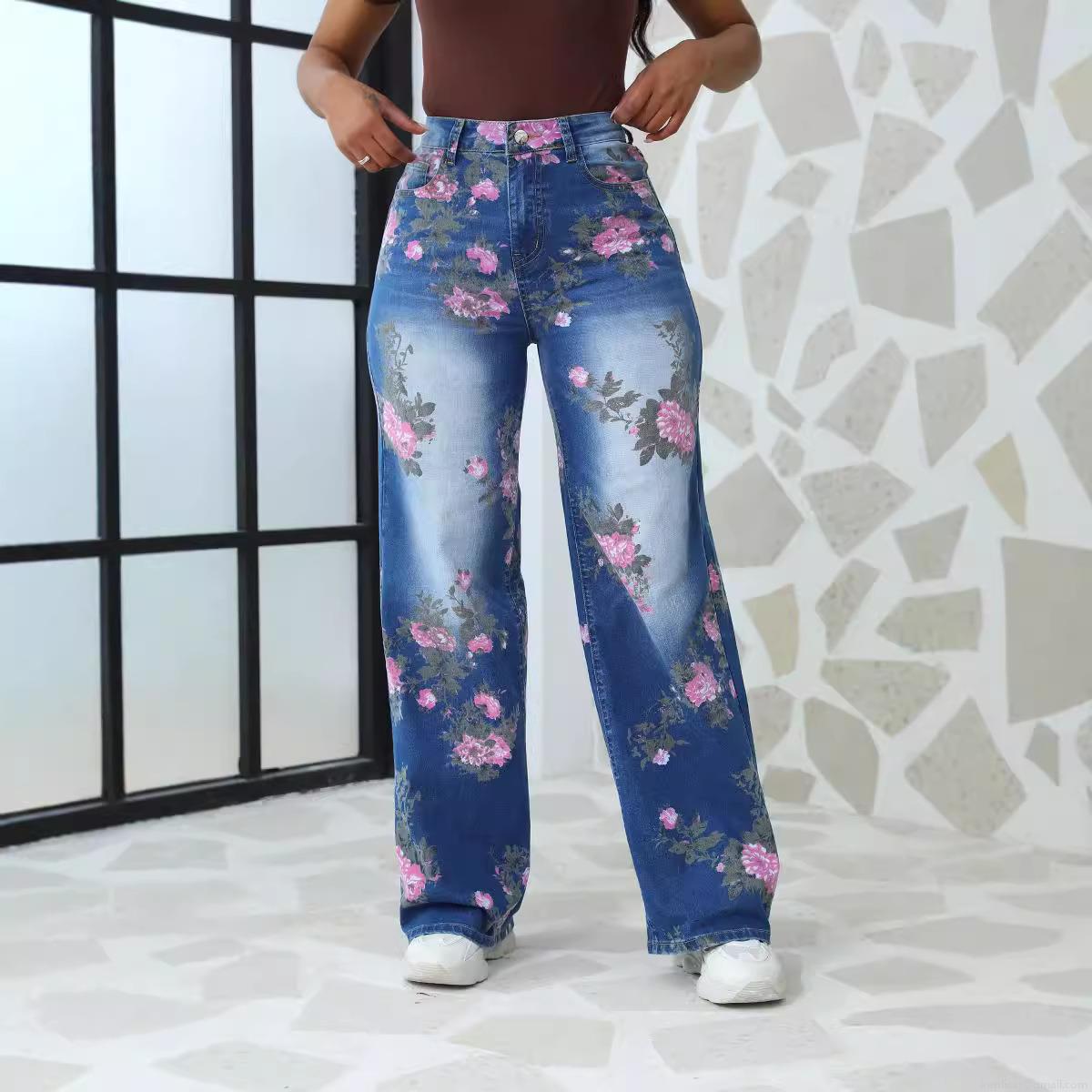 Women's High Waisted Floral Print Jeans Wide Leg Straight Denim Trousers Rose Flower Pattern Casual Streetwear Pants For Women