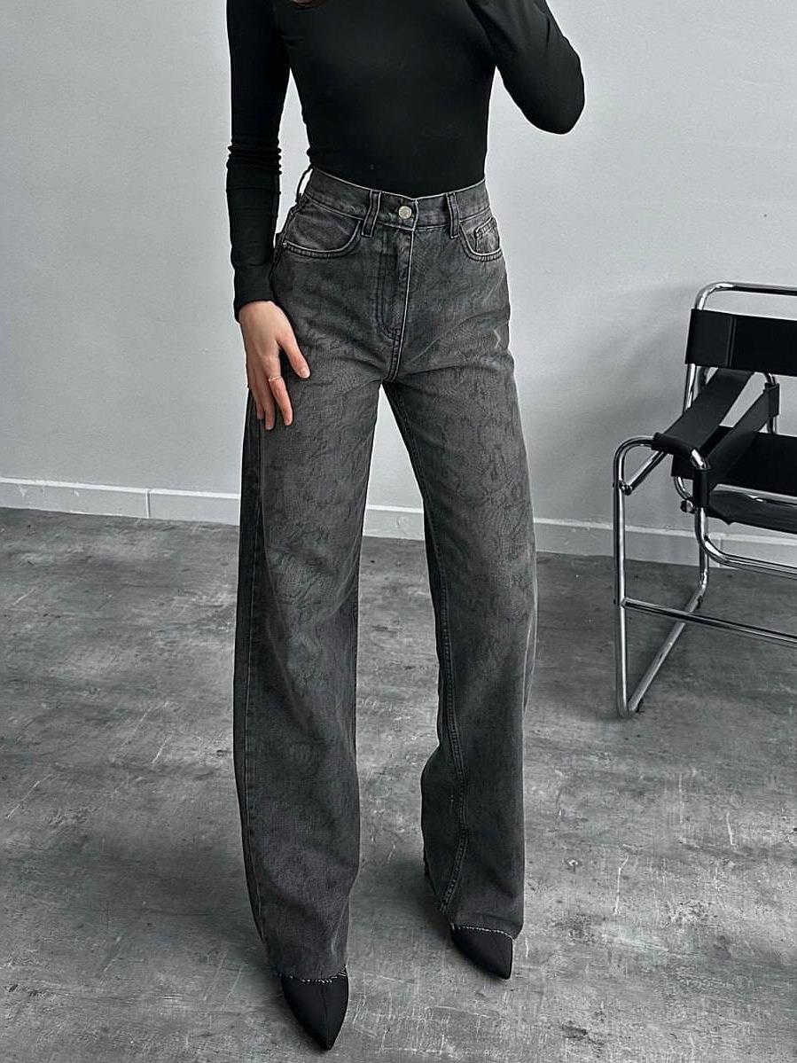 Women's High Waisted Wide Leg Jeans Leopard Print Cotton Blend Straight Denim Pants Streetwear Casual Loose Long Trousers Fashionable Black Gray