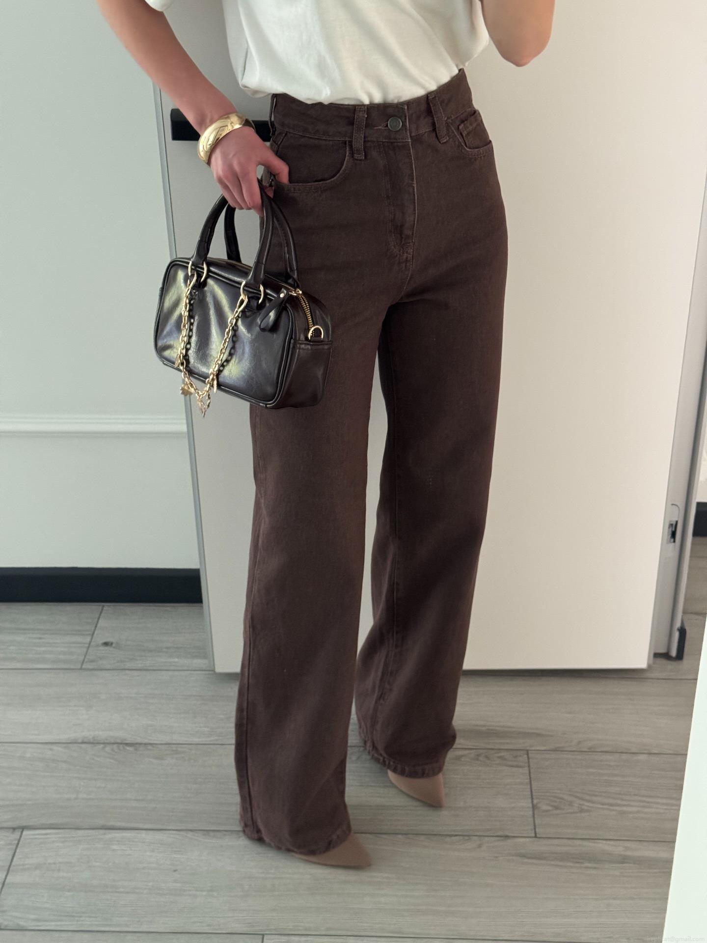 Women's High Waisted Wide Leg Jeans 100% Cotton Denim Brown Loose Straight Floor Length Denim Pants Vintage Aesthetic Streetwear Slimming Trousers