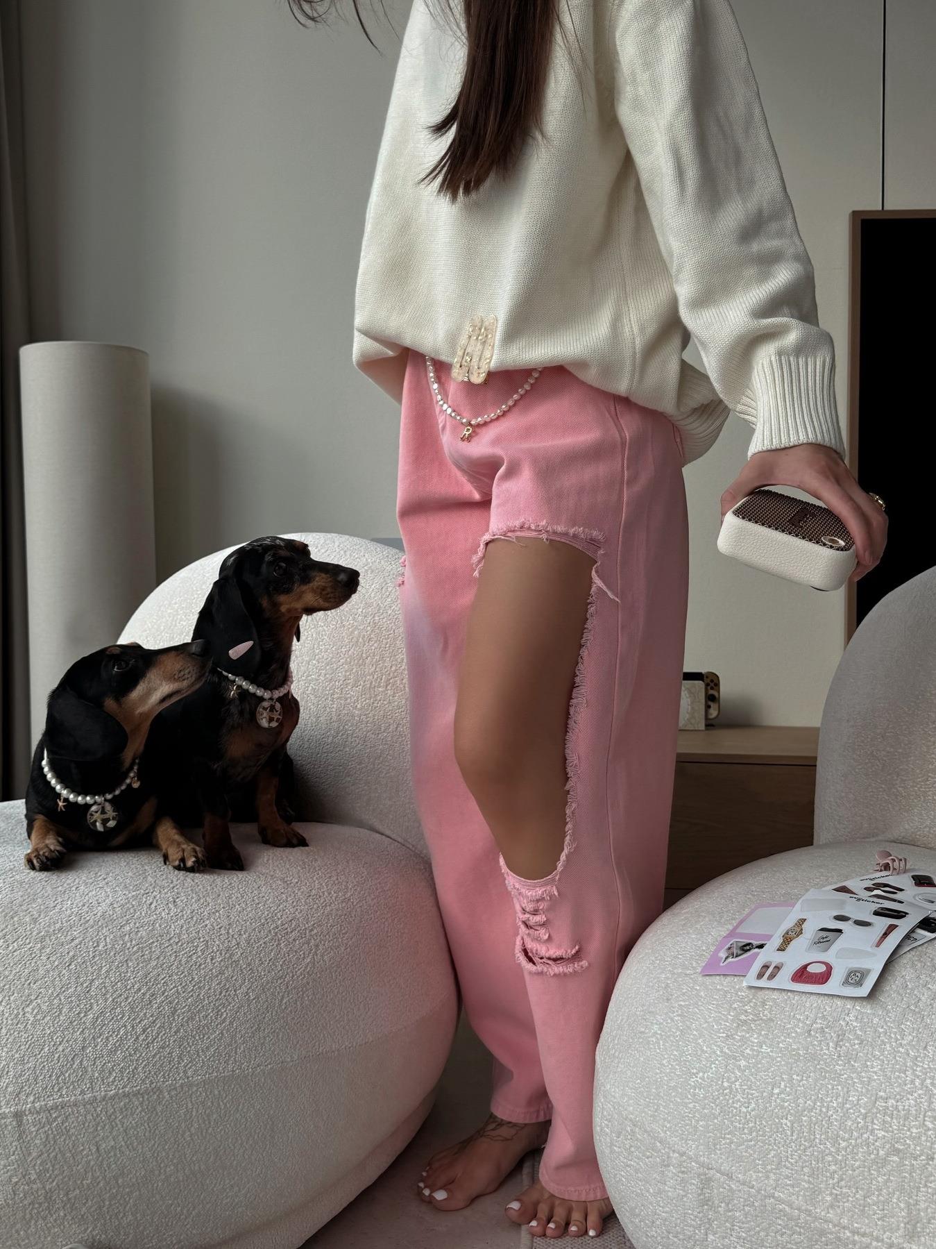 Women American West Coast Style High Waist Ripped Jeans Pink 100% Cotton Denim Distressed Wide Leg Loose Fit Pants Streetwear Dopamine Fashion Trousers