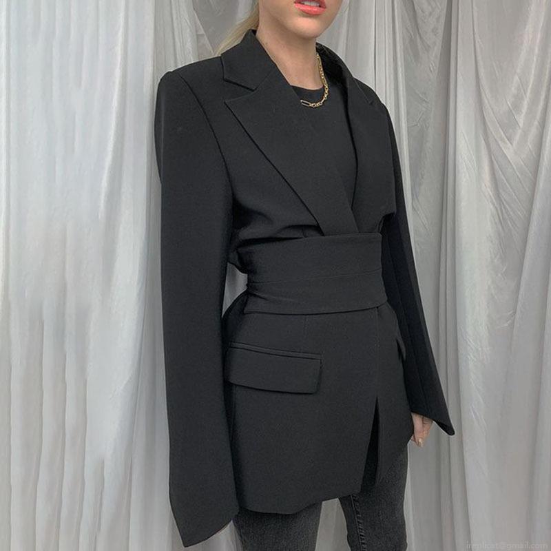 Women's Elegant Solid Color Blazer Jacket Slim Fit Mid-Length Long Sleeve Cardigan With Waist Tie Belt Office Lady Fashion Lapel Blazers Suit Coat