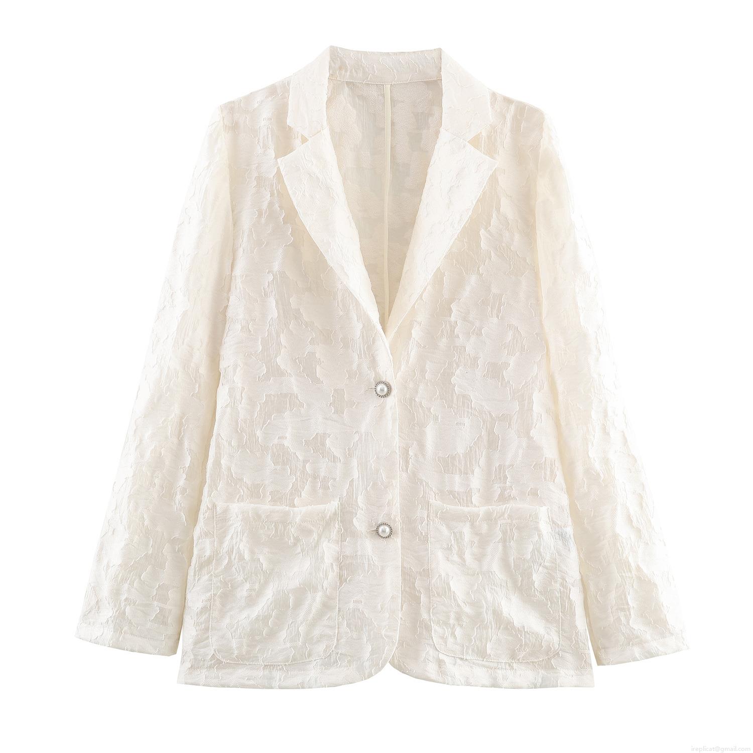 Women's Elegant Floral Jacquard Lace Blazer Slim Fit Long Sleeve Jacket With Pearl Buttons For Office Party Daily Casual Ladies Outerwear