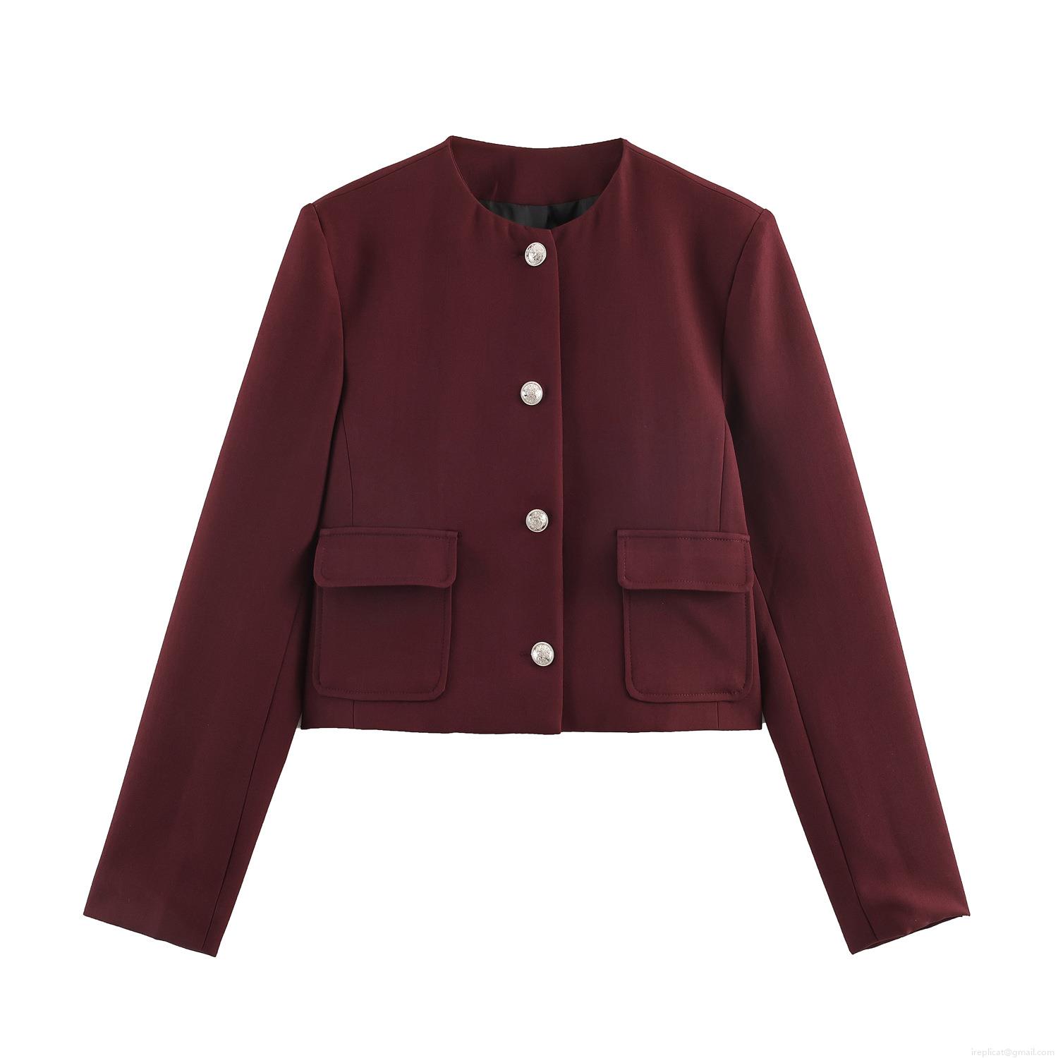 Elegant Women Wine Red Short Blazer Round Neck Polyester Jacket With Silver Metal Buttons Flap Pockets Office Casual Vintage Style Autumn Outerwear