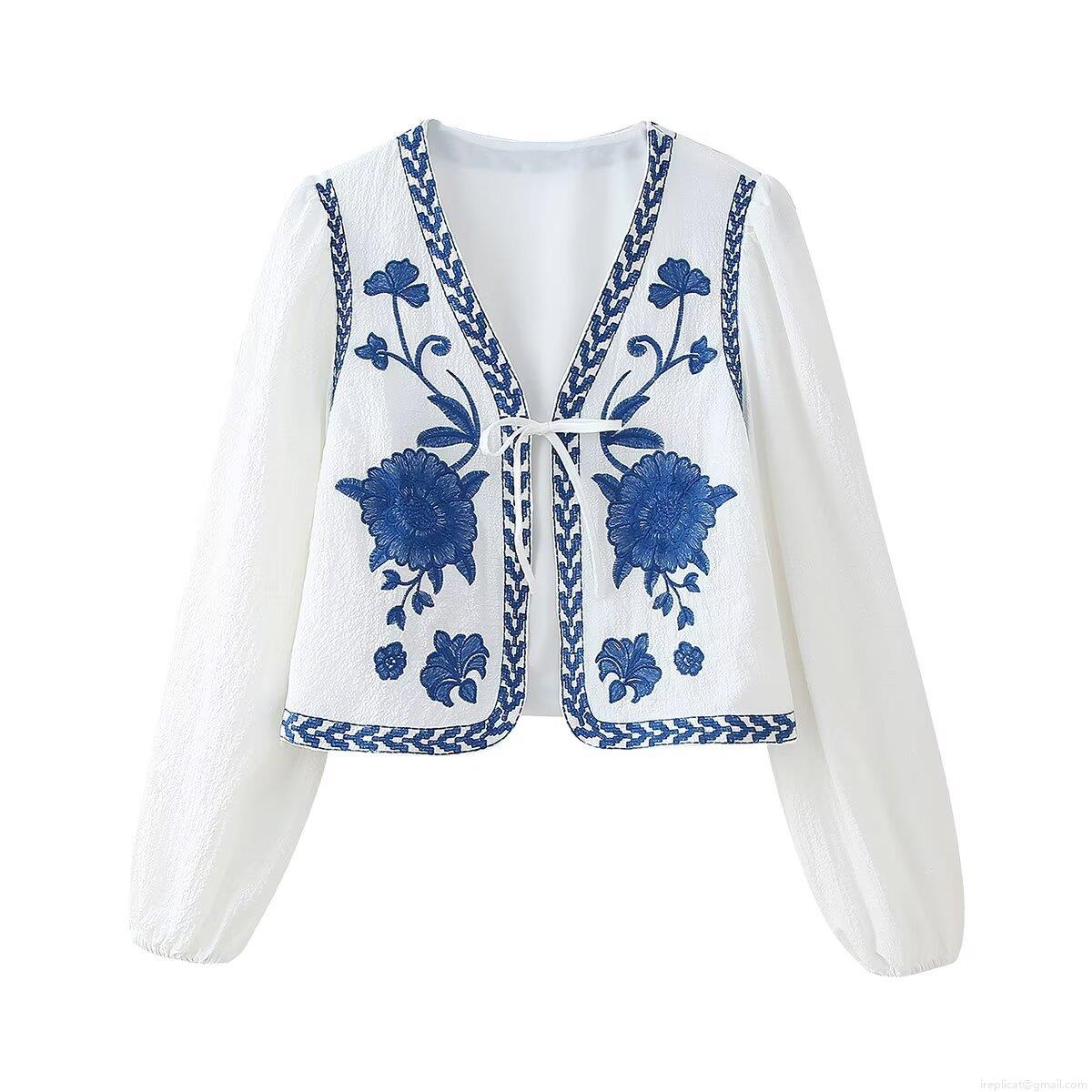 Vintage Ethnic Embroidered Short Cardigan Women Long Sleeve Tie-Front V-Neck White Jacket With Blue Floral Embroidery Retro Casual Autumn Outerwear