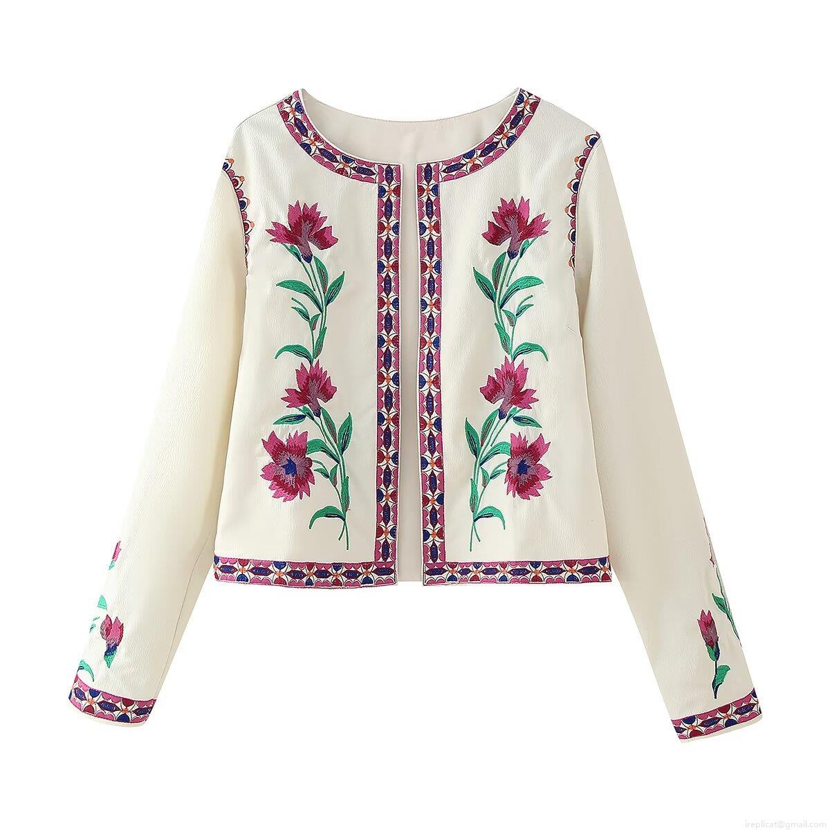 Women's Vintage Embroidered Short Jacket 100% Polyester Long Sleeve Round Neck Outwear Bohemian Floral Pattern Single Breasted Cardigan Coat For Autumn Winter Fashion