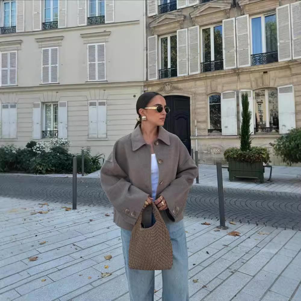 Women's Casual British Style Short Woolen Jacket Loose Lapel Long Sleeve Single Breasted Coat With Pockets For Autumn Winter