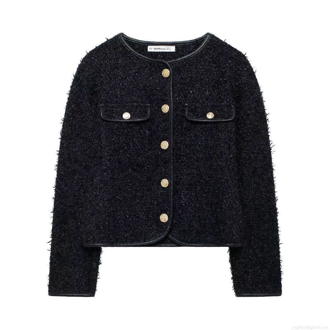 Women Elegant Chanel Style Tweed Jacket Short Round Neck Long Sleeve Button Up Outerwear With Leather Trim For Office Daily Party Black Fall Cardigan