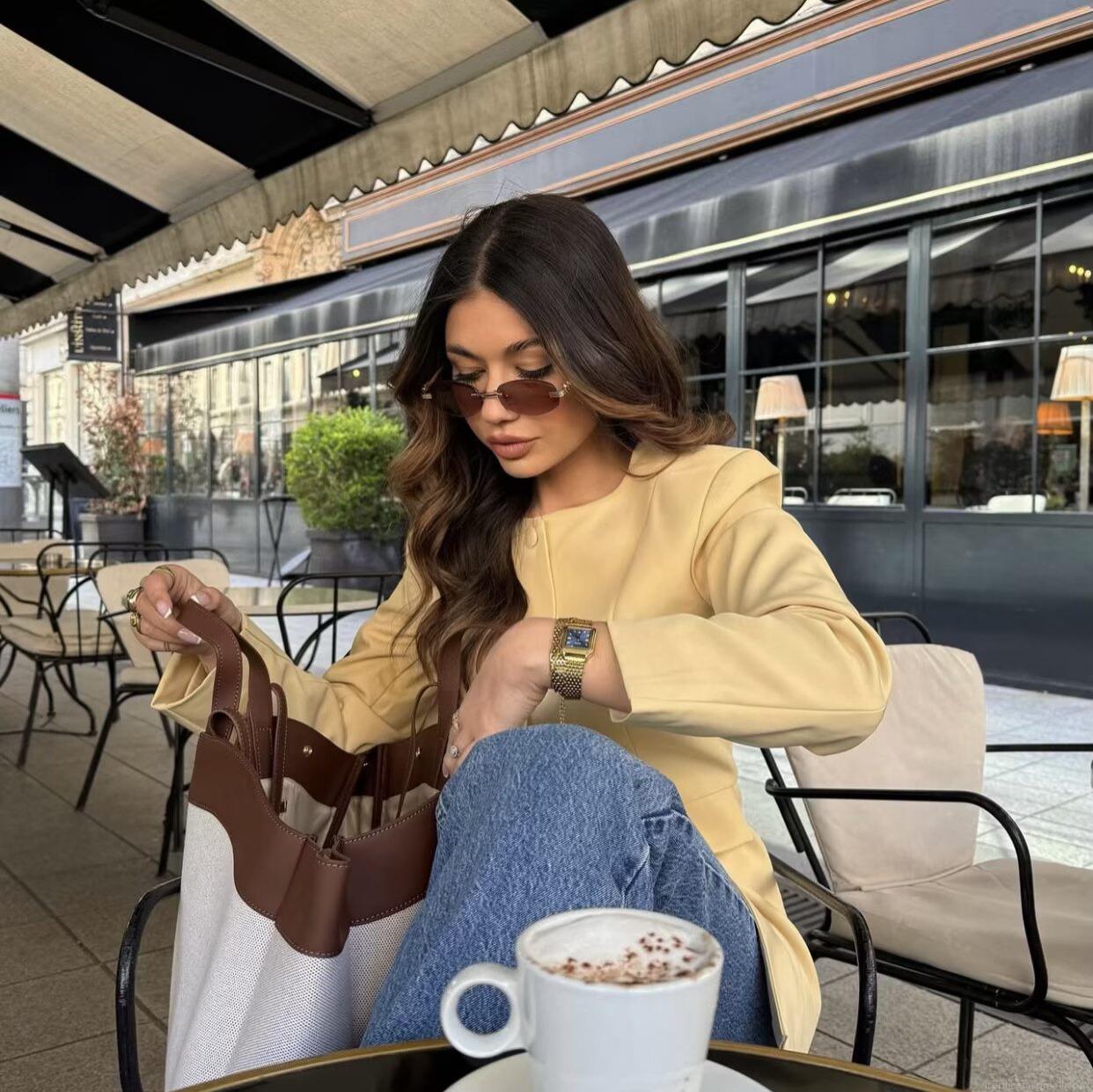 Women's Intellectual Elegant Round Neck Blazer Jacket Single Breasted Polyester Outerwear For Office Commute Ladies Slim Fit Coat With Pocket Flaps Pale Yellow