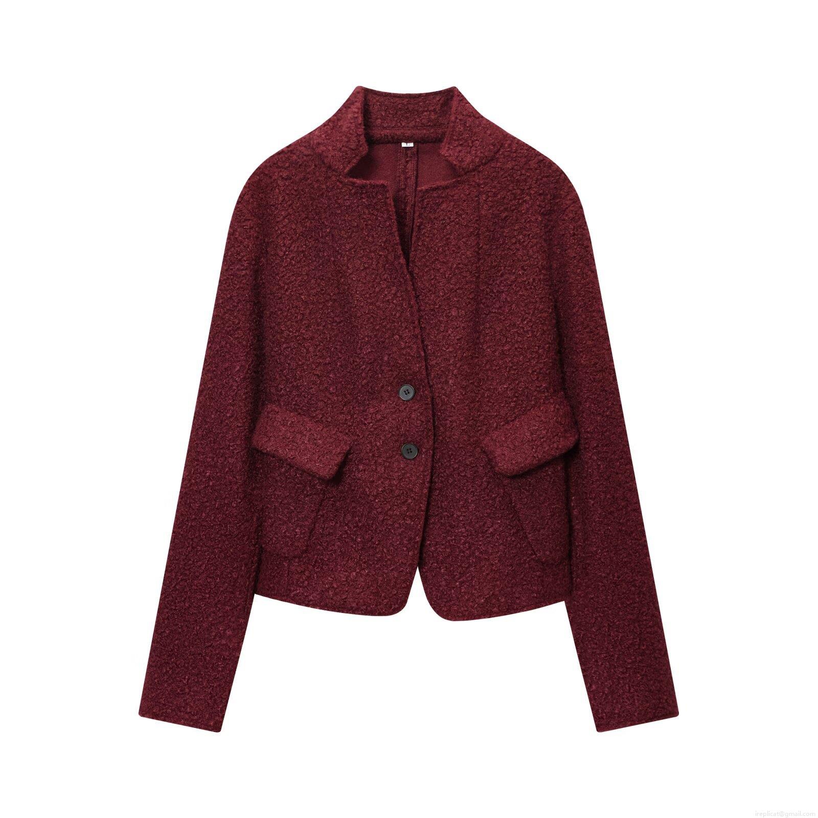 Women's Elegant French Style Short Bouclé Jacket Vintage Burgundy Solid Color Polyester Teddy Fleece Coat With Lapel And Buttons For Autumn Winter Daily Outerwear
