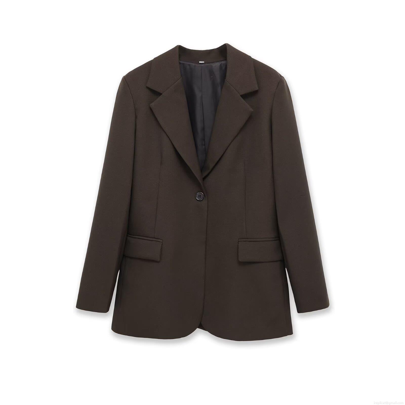 Women's Casual Polyester Blazer Jacket Single Button Long Sleeve Outerwear With Pocket Flaps Professional Office Lady Suit Top For Spring Autumn Deep Brown