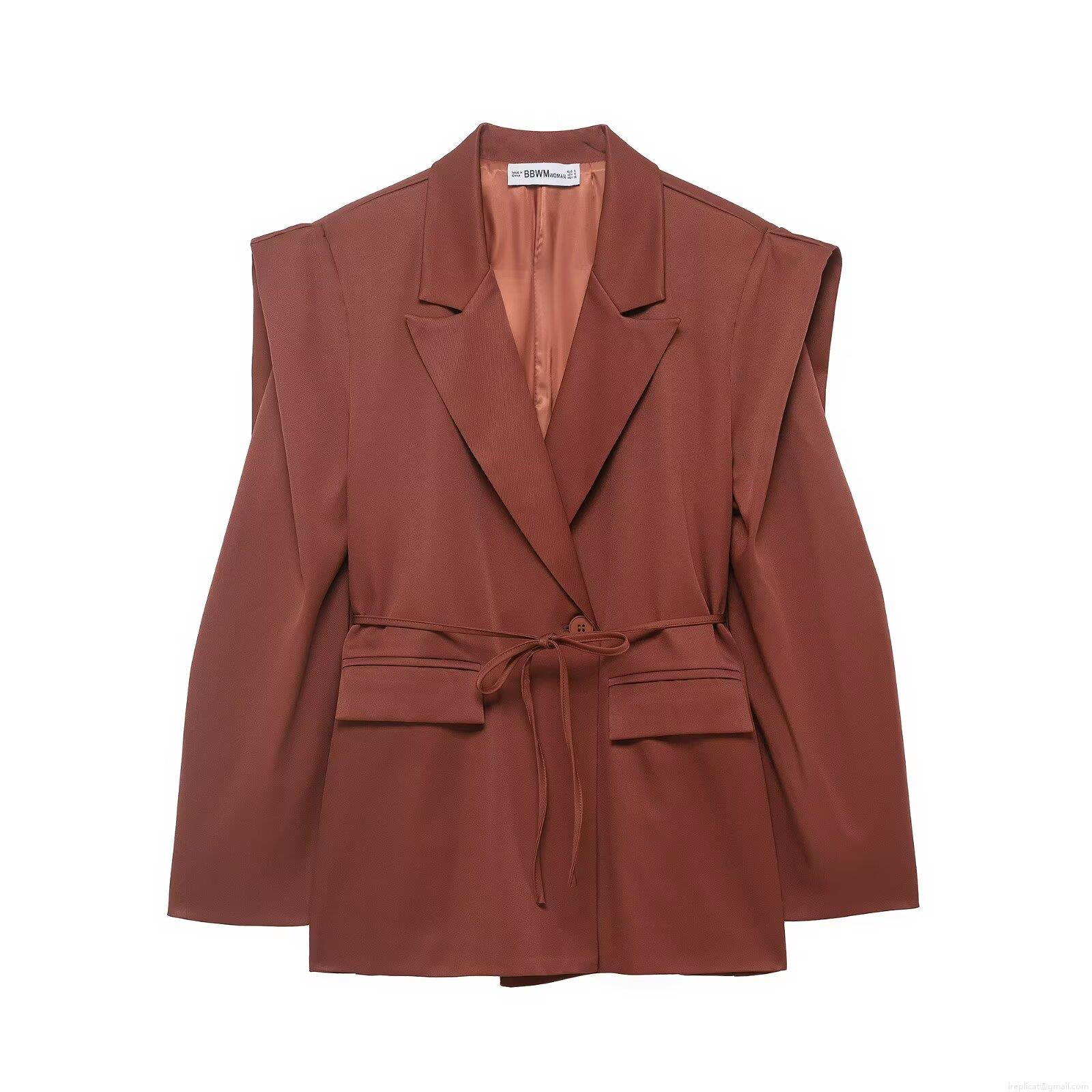 Women Chic Single Breasted Tie Waist Blazer Jacket Long Sleeve Padded Shoulder Solid Color Rust Brown Polyester Suit Coat For Office Daily
