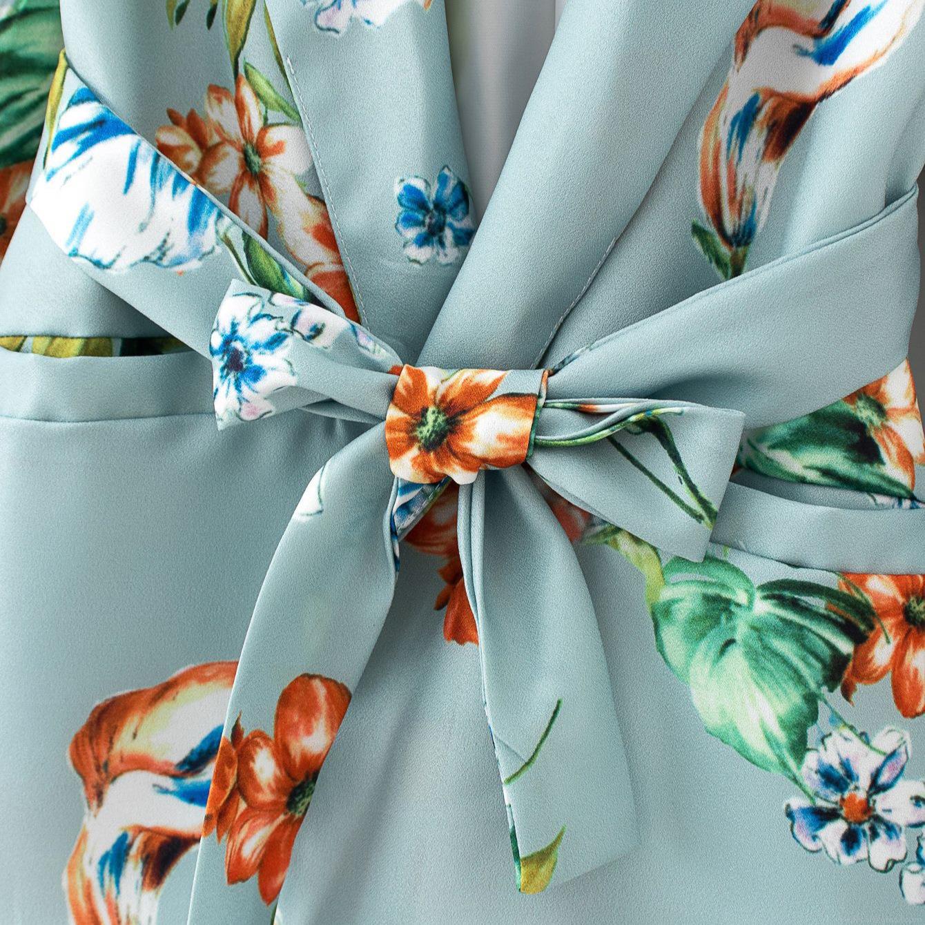 Women's Retro Floral Print Blazer With Belt Long Sleeve Notch Lapel Slimming Waist Tie Commuter Polyester Suit Jacket For Women Casual Spring Autumn Coat