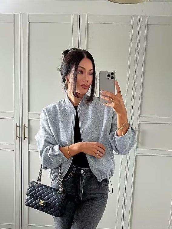 Women's Casual Loose Polyester Stand Collar Zipper Jacket Autumn Winter Long Sleeve Solid Color Outerwear Bomber Jacket For Women