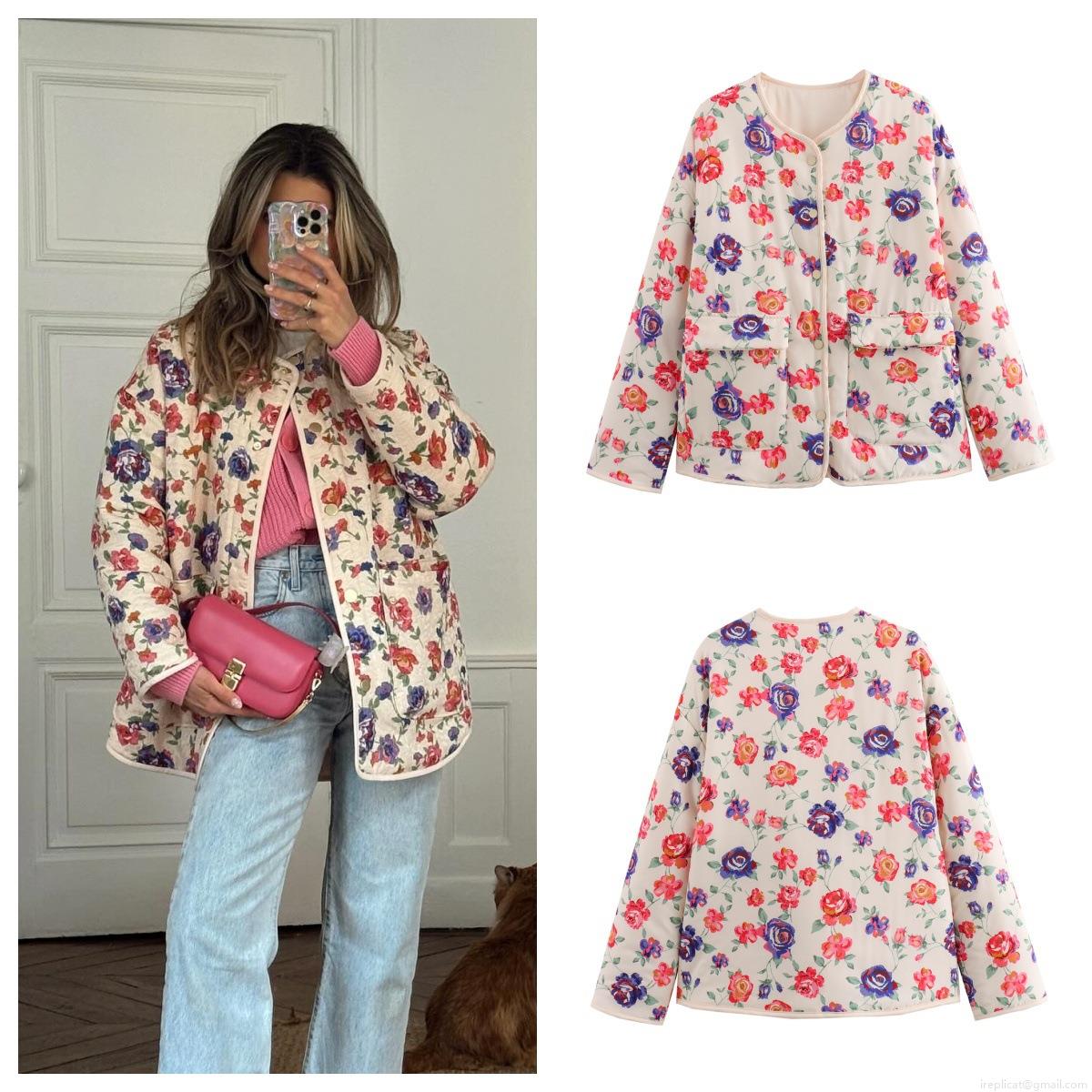 Women's Quilted Floral Print Cotton Jacket Vintage Long Sleeve Round Neck Padded Coat With Pockets Casual Loose Streetwear Outerwear For Spring Autumn