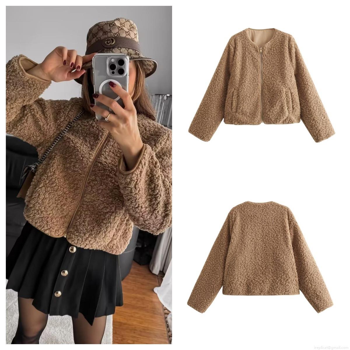 Women's Sherpa Fleece Jacket Long Sleeve Zip Up Solid Color Teddy Coat Loose Warm Short Jacket For Autumn Winter Streetwear Ladies Casual Outwear