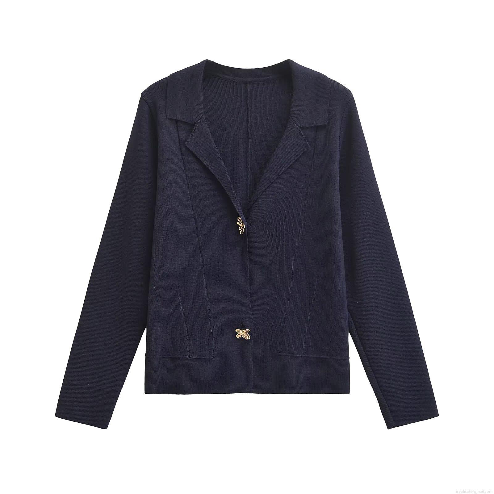 Women Elegant Navy Blue Knitted Blazer Jacket Featuring Golden Bee Buttons Fashion Lapel Long Sleeve Slim Fit Cardigan Streetwear Autumn Coat