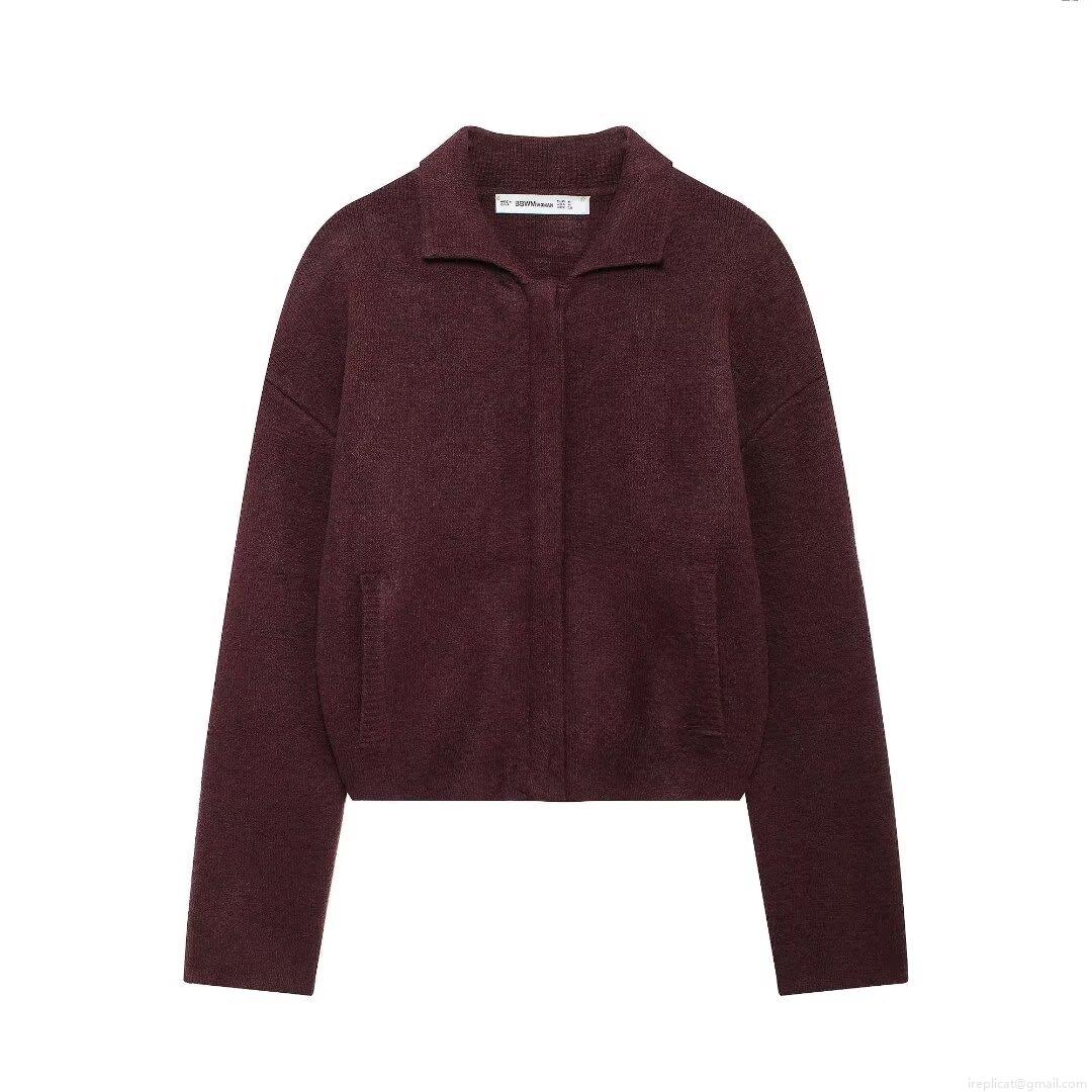 Women's Knit Bomber Jacket 100% Polyester Full Zipper Lapel Collar Long Sleeve Outerwear With Pockets Solid Burgundy Autumn Streetwear Casual Coat