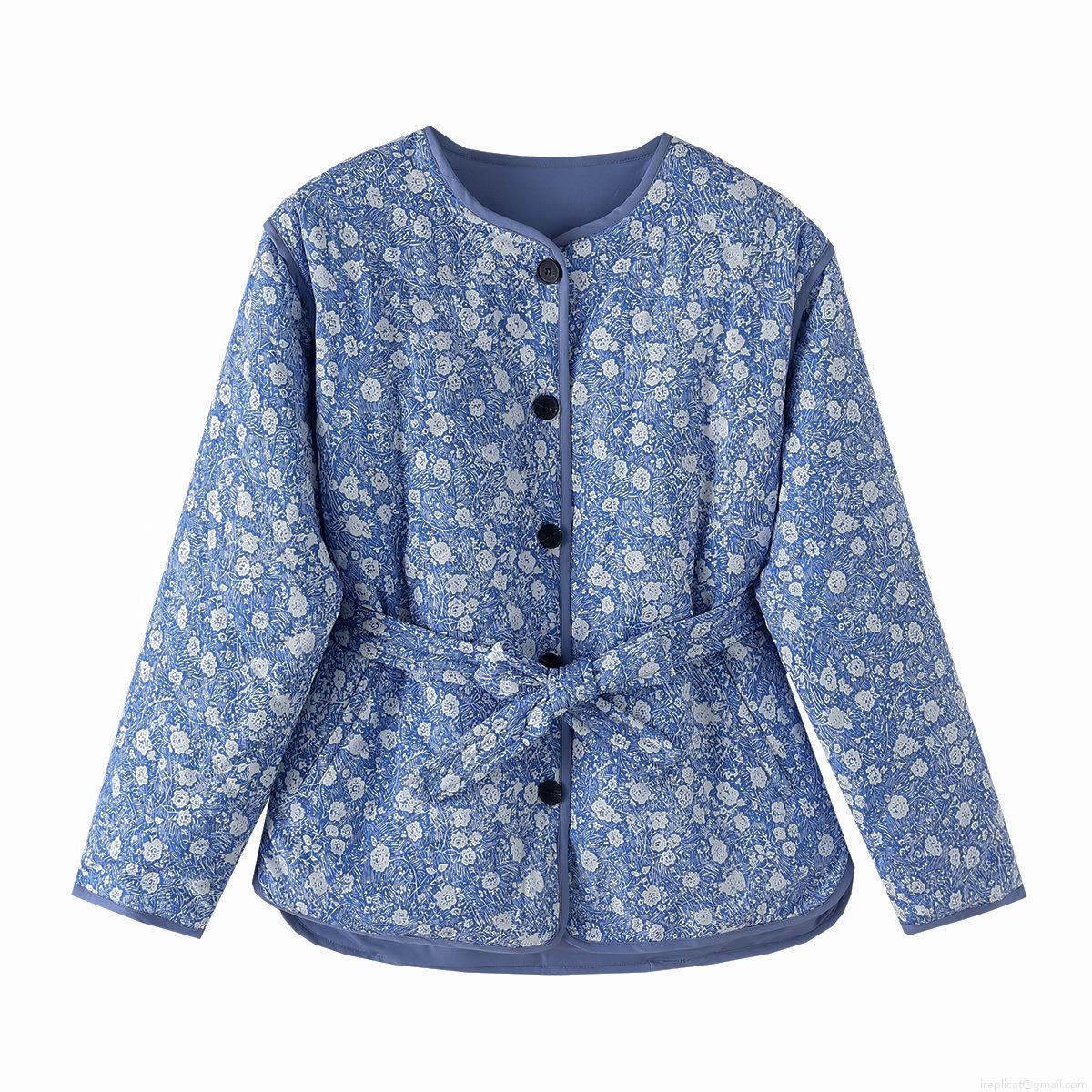 Women's Floral Quilted Jacket Polyester Cotton Padded Coat With Belt Long Sleeve Round Neck Single Breasted Mid Length Autumn Fashion Outerwear Blue Print