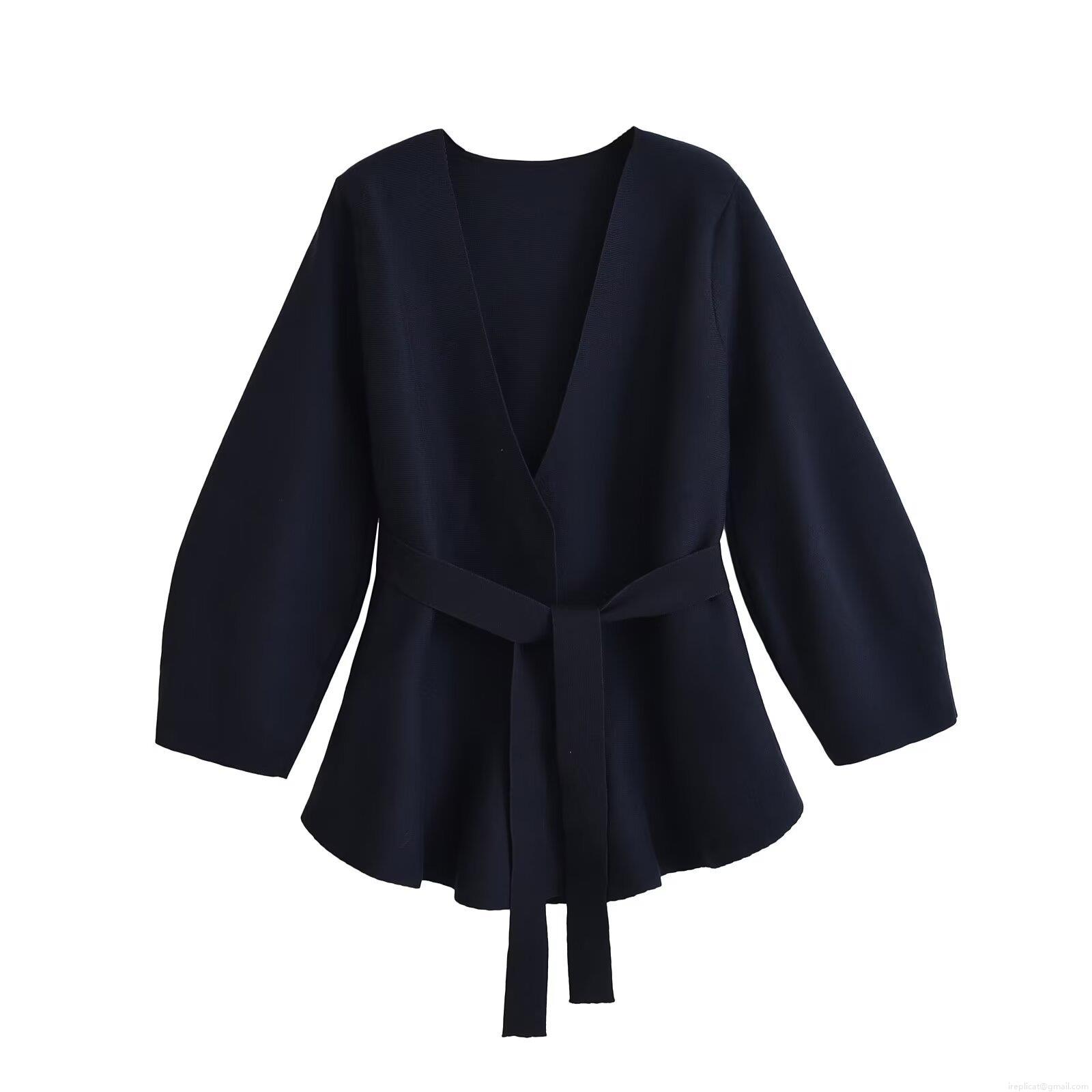 Women's Fashion Belted Knit Blazer Navy Blue Long Sleeve V-Neck Peplum Jacket Coat With Waist Tie Viscose Streetwear Office Outerwear