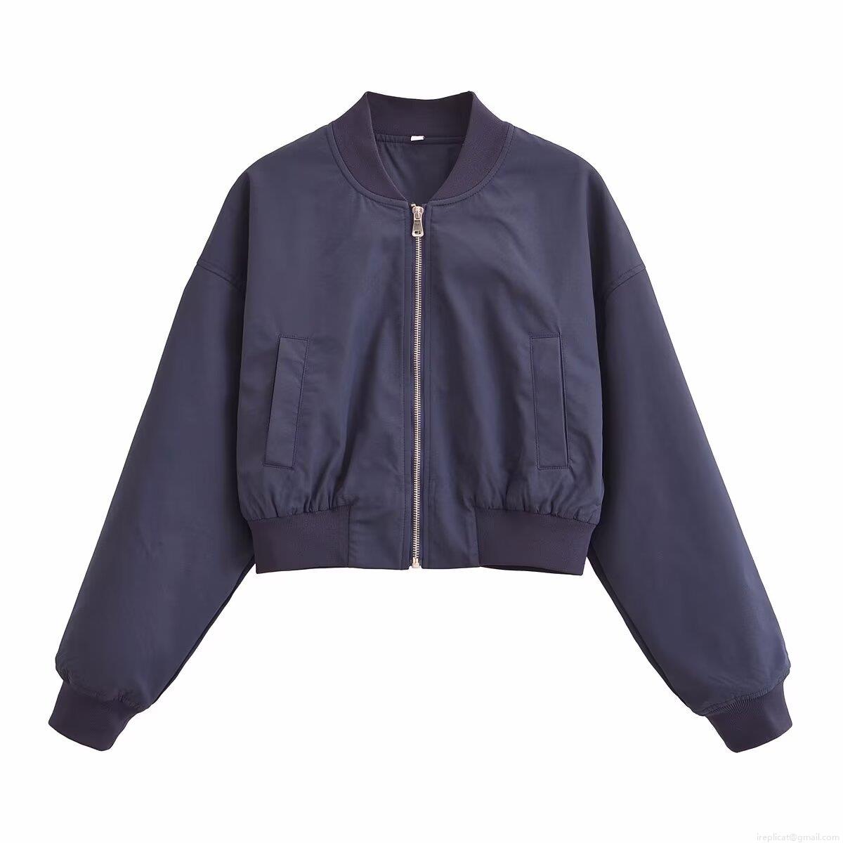 Women's Winter Fashion Solid Color Bomber Jacket Casual Short Baseball Coat With Metal Zipper Ribbed Trim Long Sleeve Polyester Outerwear