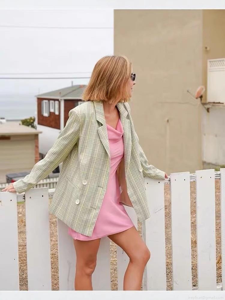 Women's Vintage Plaid Blazer Jacket Double Breasted Notched Lapel Long Sleeve Polyester Outwear Casual Office Streetwear Light Green Autumn Winter Coat