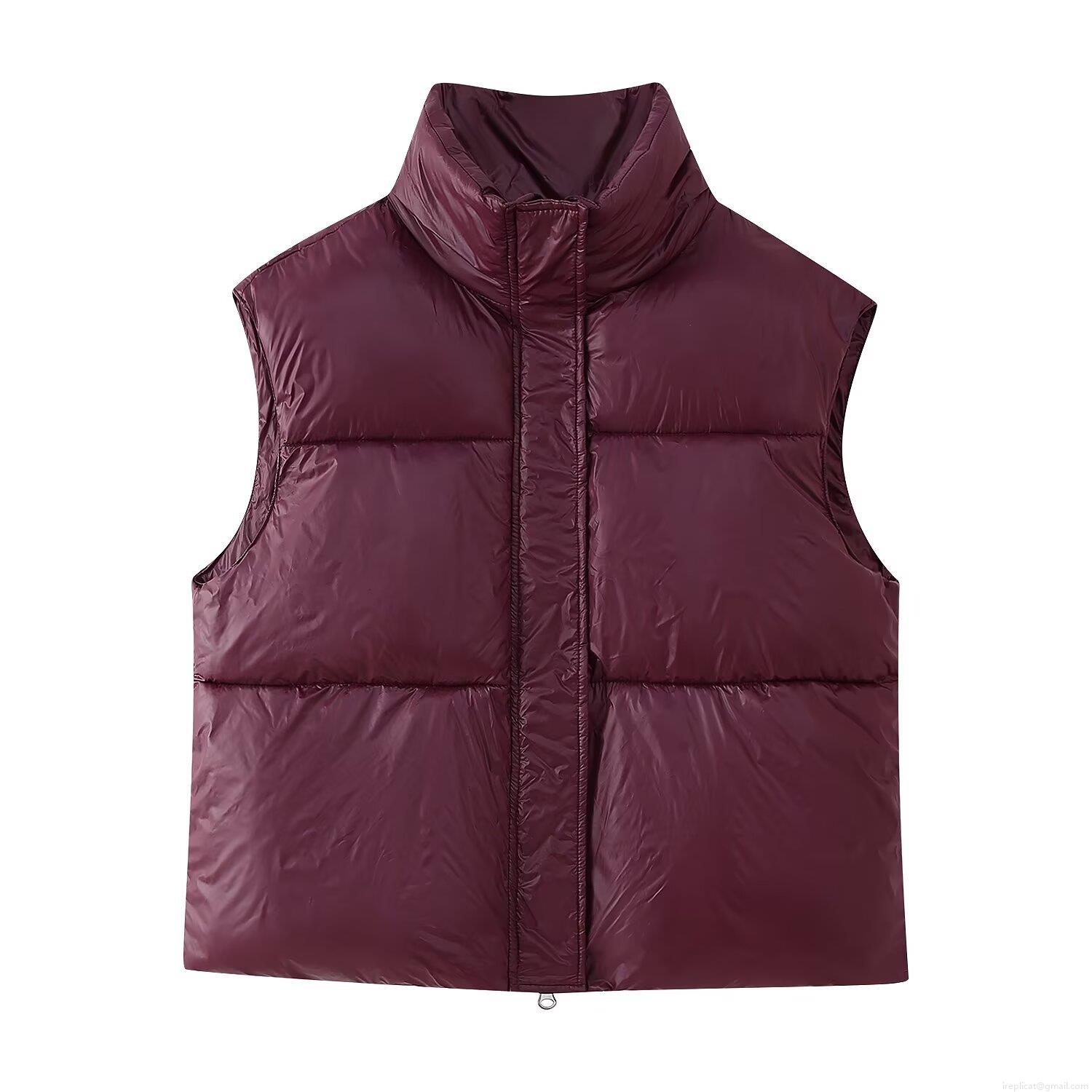 Women's Shiny Puffer Vest Stand Collar Quilted Sleeveless Gilet Zipper Closure Solid Color Winter Warm Vest Jacket Streetwear Outwear Women Tops