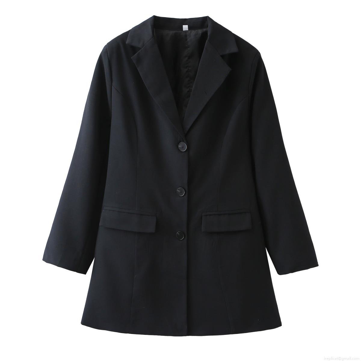 Women's Mid-Length Blazer Jacket 100% Polyester Notched Lapel Long Sleeve Casual Office Lady Street Style Black Outerwear With Buttons