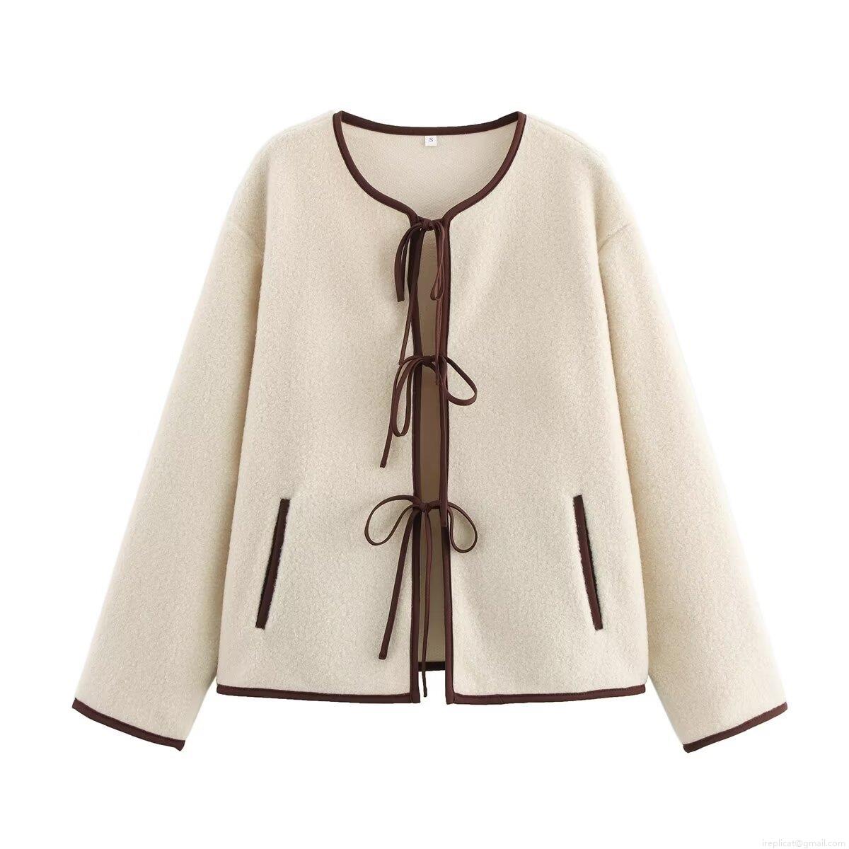 Women's Faux Sherpa Fleece Jacket Contrast Binding Bow Tie Front Round Neck Long Sleeve Warm Casual Outerwear Streetwear Coat For Winter Autumn