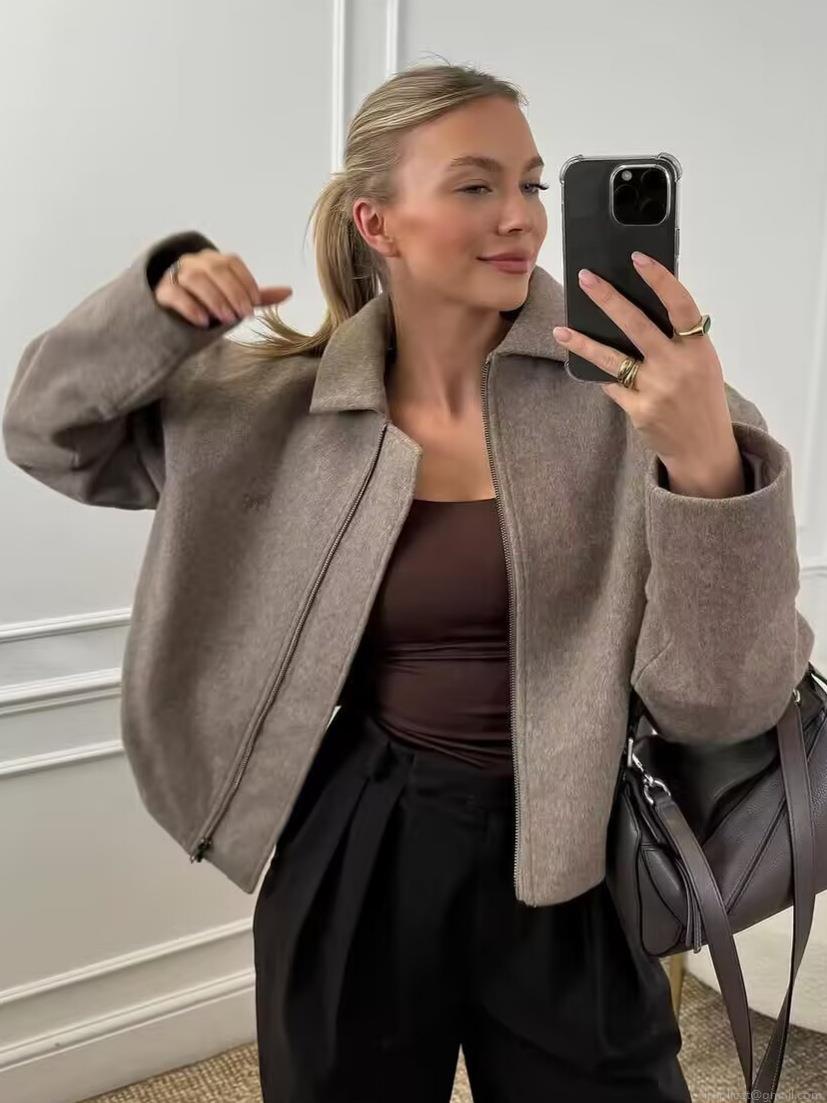 Women Short Woolen Texture Jacket Lapel Zipper Outerwear Casual Solid Color Coat Autumn Streetwear Ladies Vintage Style Cardigan Street Style Jacket