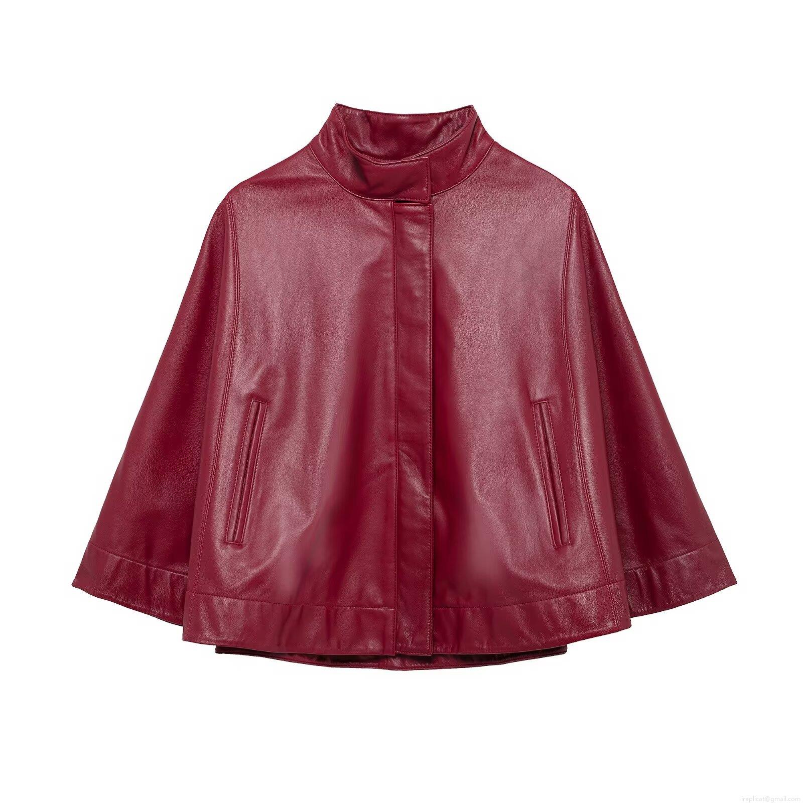 Women Fashion Wine Red Faux Leather Cloak Jacket Stand Collar Short Poncho Coat Streetwear Batwing Sleeve Zip-up Top Outerwear For Spring Autumn Casual Solid Color Leatherette Outerwear