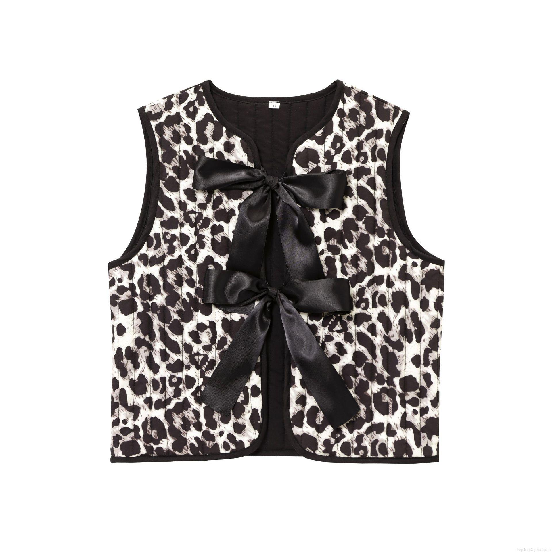 Women Leopard Print Quilted Vest Jacket With Large Black Satin Bows Sleeveless Round Neck Waistcoat Fashion Streetwear Outerwear For Lady