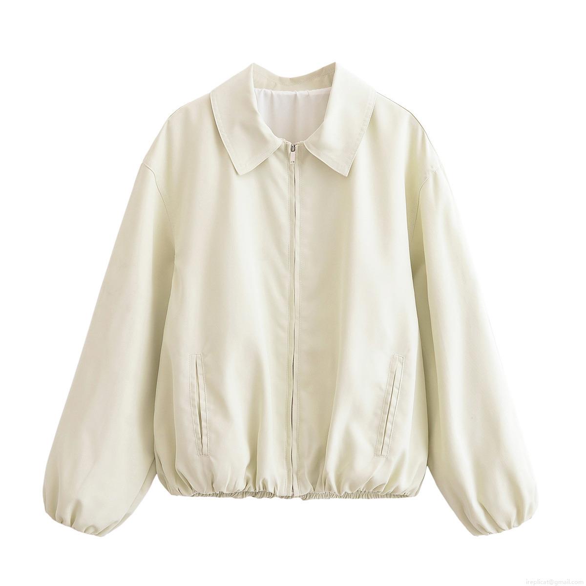 Women's Fashion Lapel Long Sleeve Zipper Jacket Polyester Solid Color Puff Hem Outerwear Short Coat For Autumn Daily Casual Streetwear